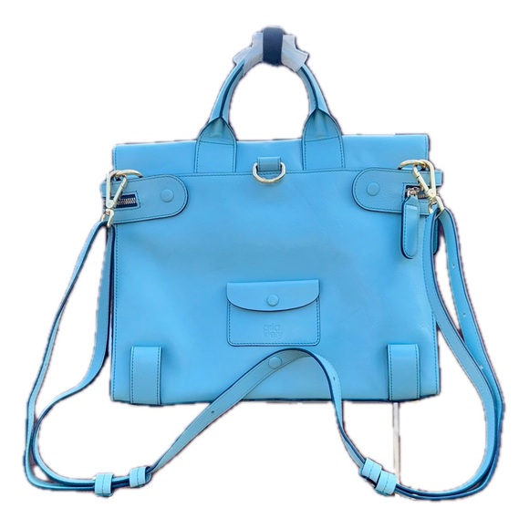 Orla Kiely Blue Punched Stem Leather Zip Crossbody Convertible Backpack Handbag - Picture 5 of 16